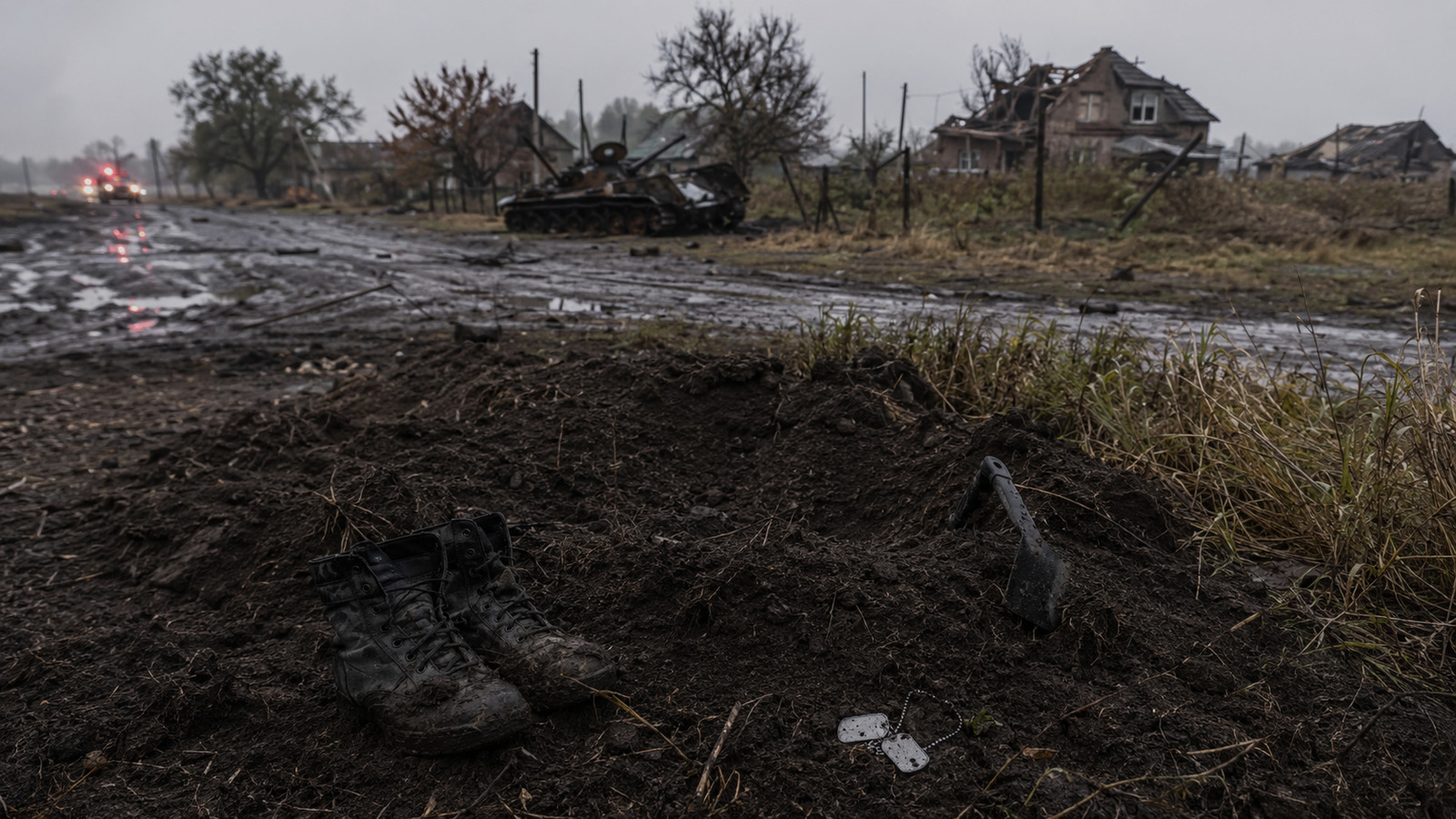 Следы поспешного захоронения и разбитая техника после боёв у Малой Рогани