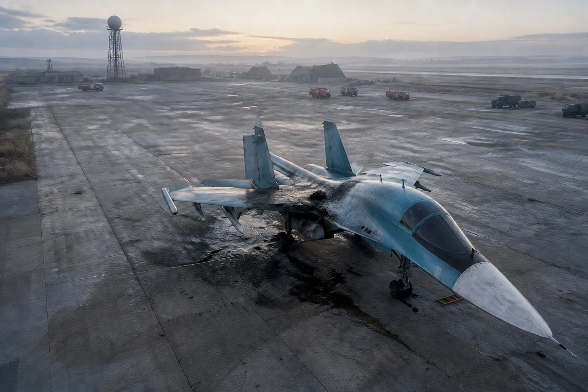 Редакционная иллюстрация повреждённого Су-34 на открытой стоянке военного аэродрома