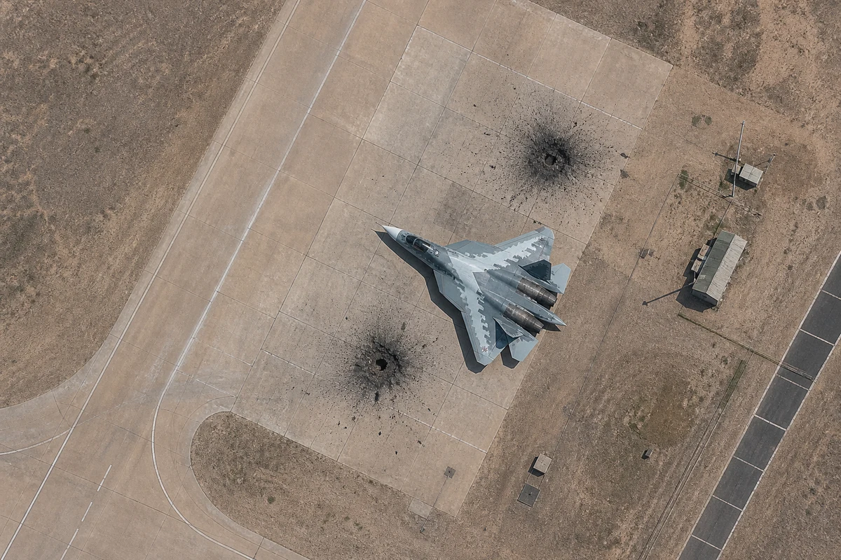 Редакционная визуализация открытой стоянки Су-57 и следов поражения на аэродроме